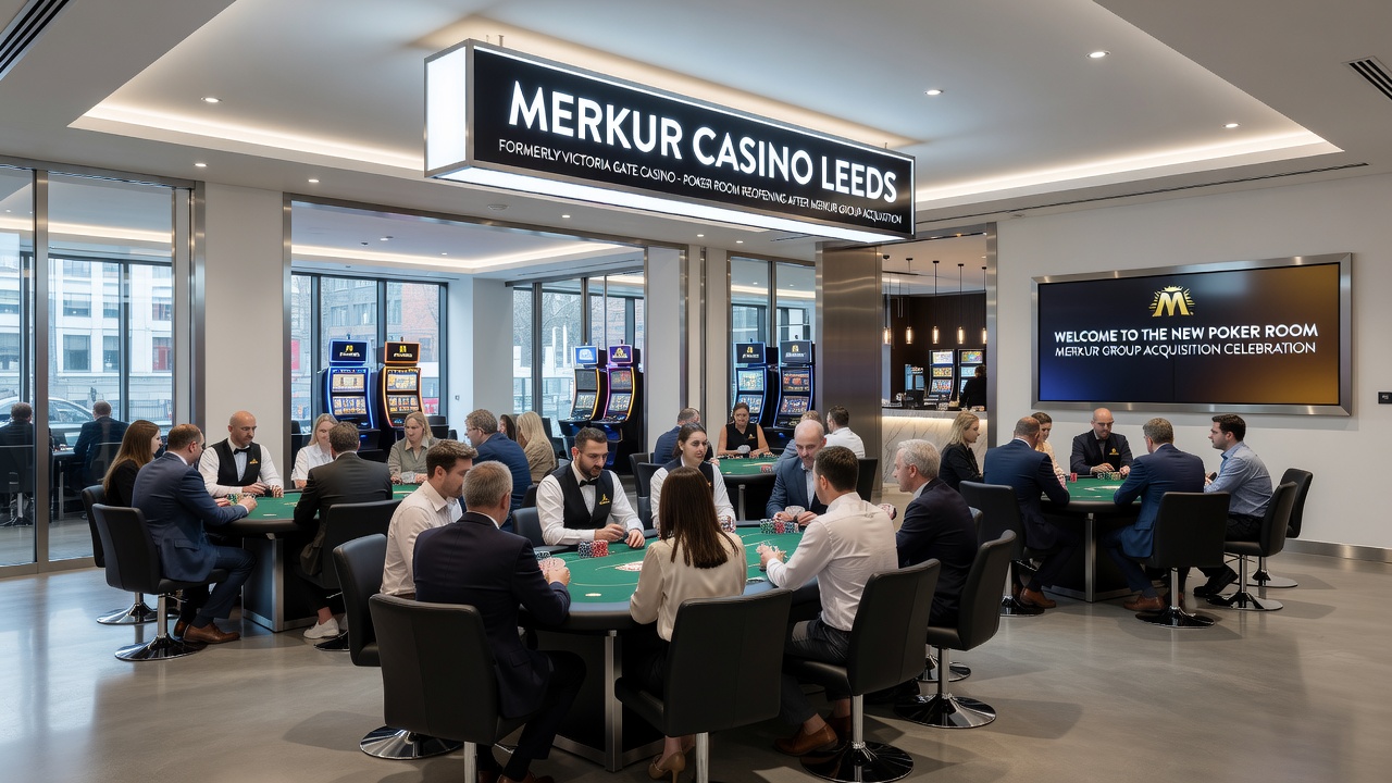 Interior of a poker room with green felt tables and players engaged in a game