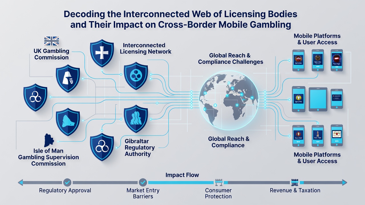 Illustration of mobile devices connected across global regulatory zones with licensing symbols