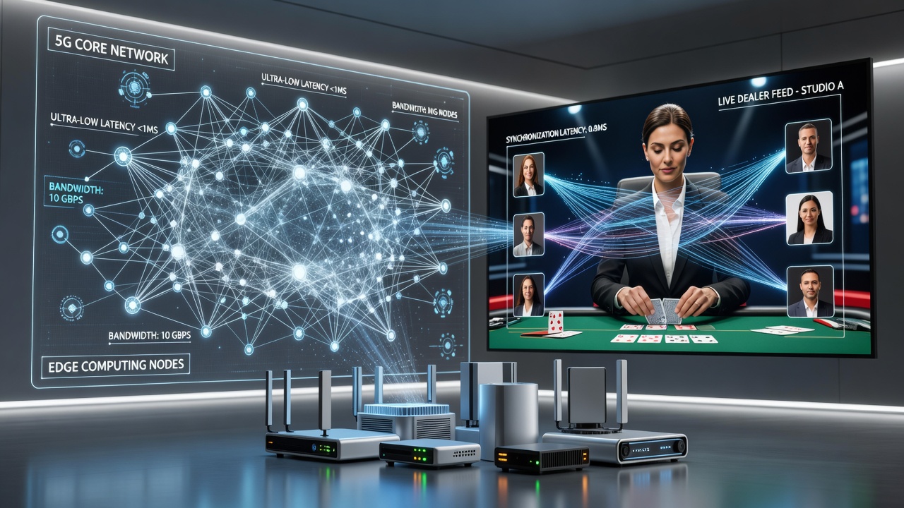 Live dealer table with synchronized 5G-connected cameras capturing real-time gameplay for remote participants